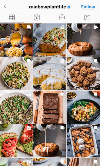 example screenshot of the @rainbowplantlife instagram feed showing their vegan foods featured in deep, rich tones