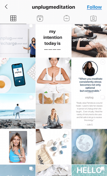 example screenshot of the @unplugmeditation instagram feed showing quotes, products, and people in various poses of medication in light blues, tans, and whites to promote relaxation and peace