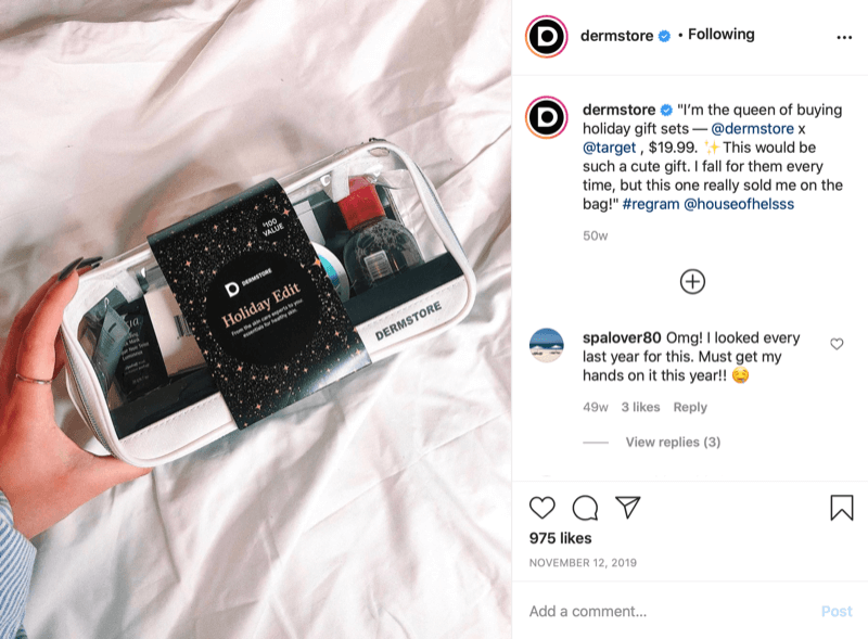 通过instagram帖子找到并分享了季节性礼物@dermstore的示例，其中注明了销售价格并在销售发生的地方标记了@target