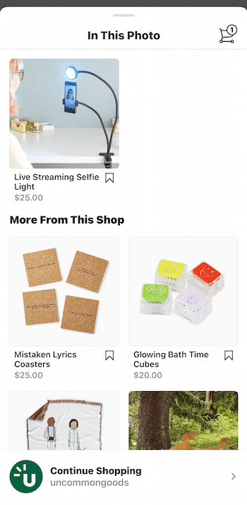 example of an item in an instagram shoppable post noted in this photo with more from this shop suggested below