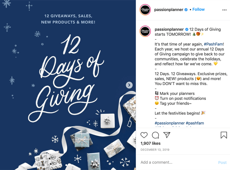 example of an instagram giveaway contest for the 12 days of giving from @passionplanner announcing that the giveaway begins the next day