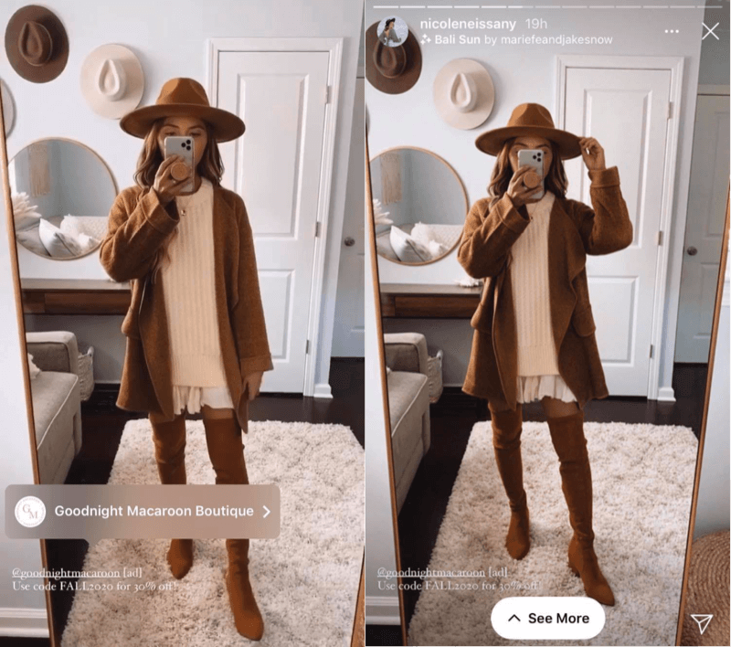 instagram post and instagram stories post from @nicoleneissany promoting @goodnightmacroon and some of their fall fashions