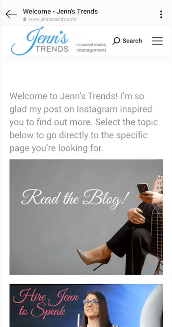 example of a dedicated instagram landing page designed for an instagram profile link to engage click traffic