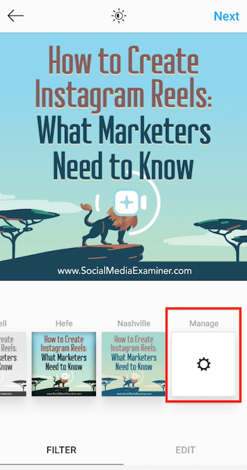 instagram picture post menu option to manage filters