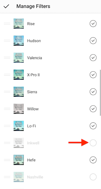 manage instagram filters menu options showing check marks next to filters included in the selection screen, highlighting an unchecked filter to be added to the filter selection screen