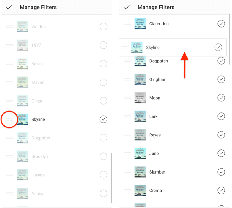 manage instagram filters menu options showing double-horizontal selection bars next to filters allowing them to be reordered, and showing the skyline filter being dragged to the top of the filter selection list