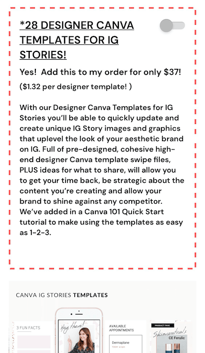 example of an instagram stories offer to get 28 designer templates for $37 for instagram stories use
