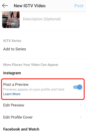 instagram igtv new video menu options with the post a preview option activated