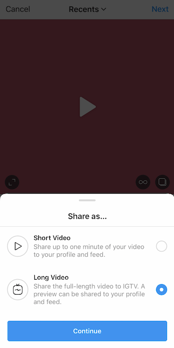 instagram video upload with the share as menu pulled up and the long video option selected