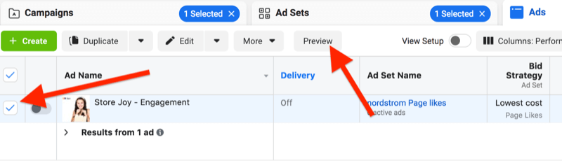 facebook ads manager ad set example with the option to preview the selected ad