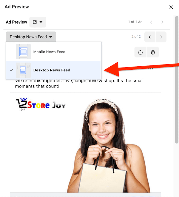 facebook ads manager ad preview example showing the option to view the desktop version of the ad
