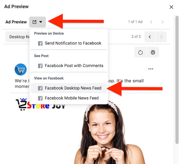 facebook ads manager ad preview drop-down menu options highlighting the facebook desktop news feed selection