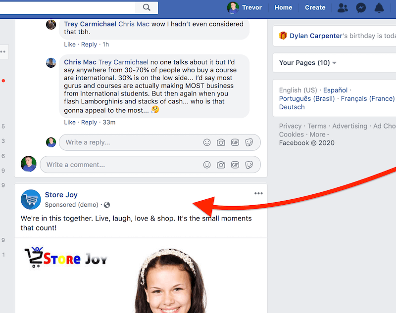 example of a facebook desktop news feed ad in preview mode, showing the need to scroll down a bit to see the ad