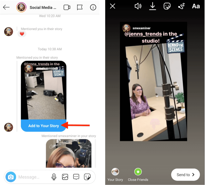 example of instagram story tag notification from @jenns_trends via direct messages, highlighting the option to add the story post to your story; and also showing a reshare of a story post from @jenns_trends with her instagram page linked as part of the reshare