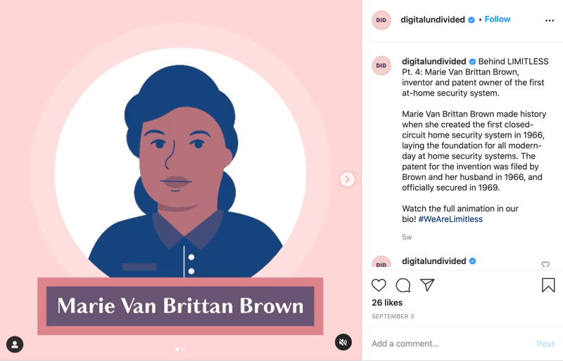 example of an snippet mp4 post shared to instagram highlighting marie van brittan brown as pt. 4 in the series #wearelimitless