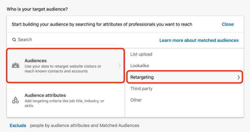 linkedin create target audience with the retargeting option highlighted