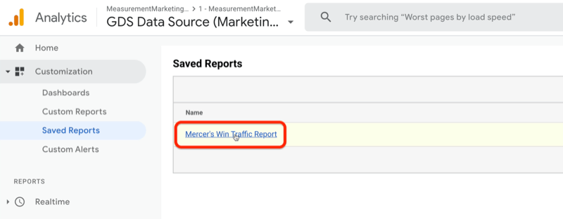 highlighted menu option to open a saved custom google analytics report from the customization > saved reports menu” /></p>
<p>Clicking the report link takes you directly to your report with all of your changes already in place so your answers are right at your fingertips. You don't have to set everything up again.</p>
<p>Now that you know how to customize a source/medium report and save it, let's talk about how to analyze the data.</p>
<p>In the example below, you can see the types of traffic I have coming through—including email, partner, and podcast traffic—and the sources of that traffic. Remember, you can see that because I'm using UTMs.</p>
<p>The report shows how much traffic I'm getting from different traffic sources, and the engagement of that traffic, and ultimately, ties it to a result (leads).</p>
<p><img decoding=