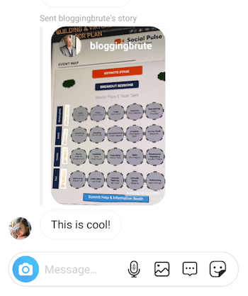 Aexample of instagram story by @bloggingbrute showing the tracts of a conference schedule sent as a direct message with the note that 'this is cool!'