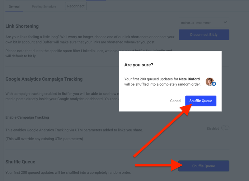 screenshot of buffer with the option to shuffle queue highlighted and confirming that the posts should in fact be shuffled