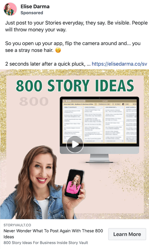 screenshot example of a sponsored post by elise darma promoting 800 ideas for stories