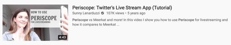 youtube video example by @sunnylenarduzzi of 'periscope: twitter's live stream app (tutorial)' showing 107 thousand views over the last 5 years