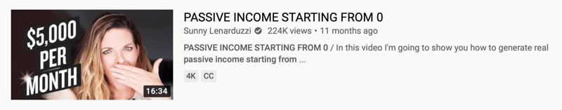 youtube video example by @sunnylenarduzzi of 'passive income starting from 0' spotlighting the ability to generate passive income with the thumbnail noting 