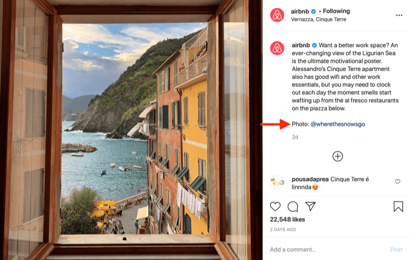 instagram image repost by @airbnb with image credit to @wherethesnowsgo, as requested in the image above