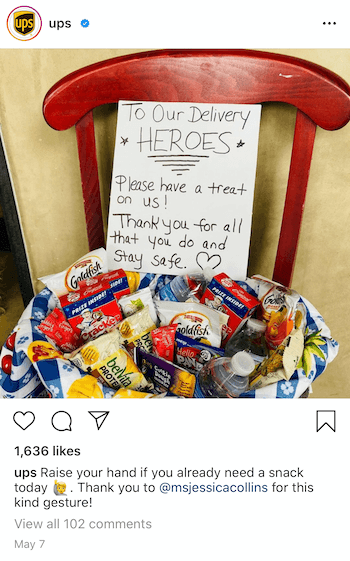 example post from @ups resharing user-generated content of treats left for the delivery drivers during the covid-19 pandemic