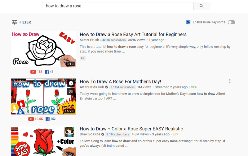 youtube搜索结果中“如何画玫瑰”的顶级youtube视频示例
