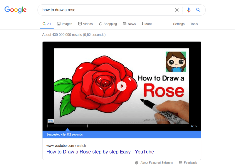 example of top youtube video in google search results for 'how to draw a rose'
