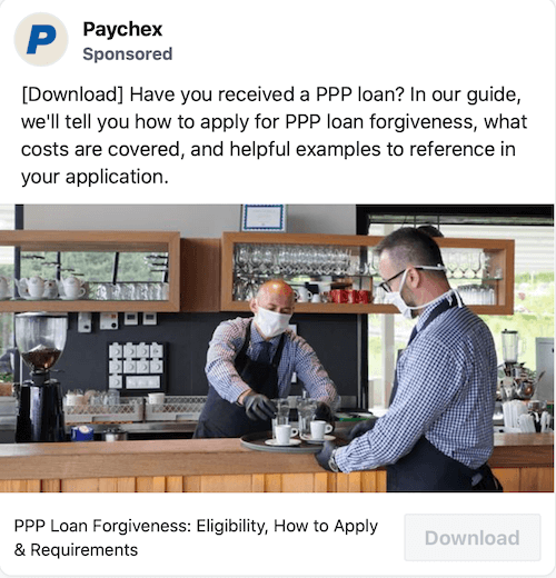 example of sponsored post by paychex for ppp loan lead generation