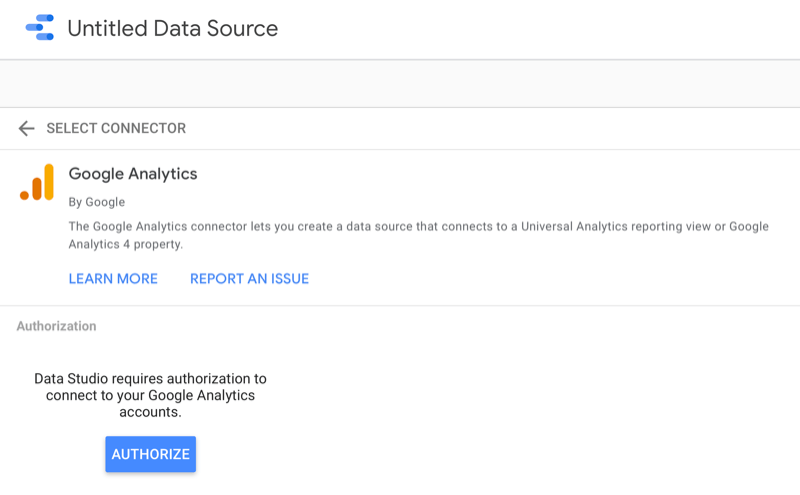 example google data studio create data source with google analytics selected as the connector and a note that you can create a data source that connects to a universal analytics reporting view or google analytics 4 property