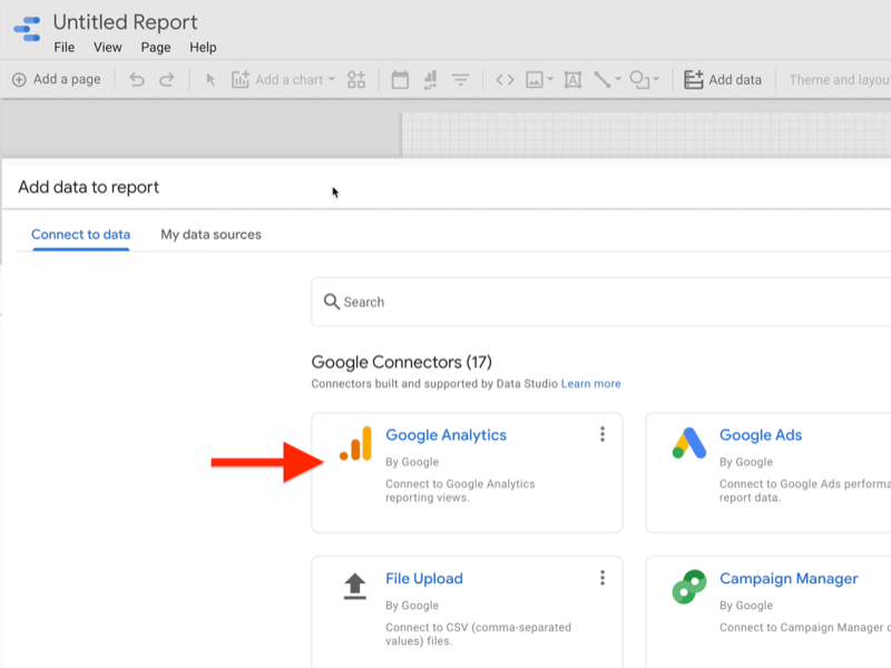 example create google data studio blank report add data to report menu connect to data tab showing google connectors with the google analytics by google connector highlighted