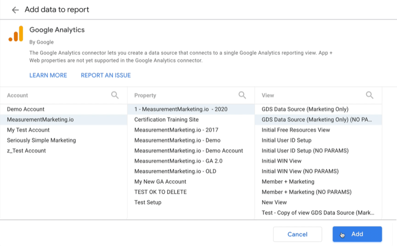 example create google data studio blank report add data to report google analytics connector menu option to select which google account you want to receive data from