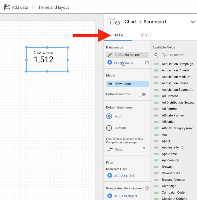 example google data studio scorecard chart 'data' settings and options menu showing data source, metric, date range, filter, segment, etc.