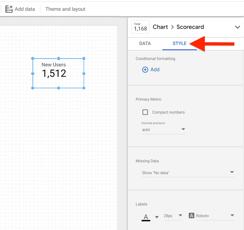 example google data studio scorecard chart 'style' settings and options menu showing conditional formatting, primary metric with decimal precision, missing data, and label formatting, etc.