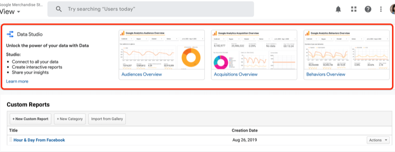 google analytics custom reports dashboard with highlighted section of data studio dashboard templates and a note about unlocking the power of your data with google data studio and the option to learn more