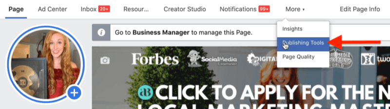 example facebook business page in facebook business manager with publishing tools menu option highlighted