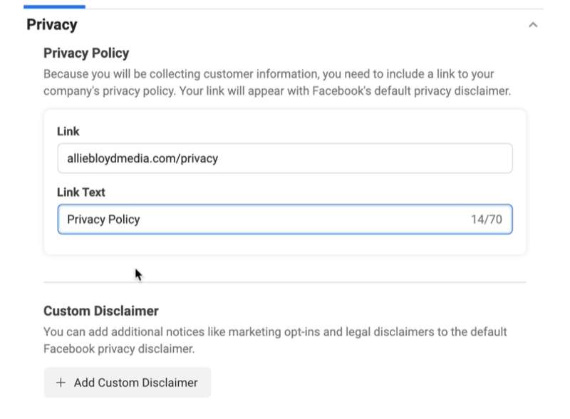 facebook lead ads create new lead form option to link to a privacy policy and a custom disclaimer