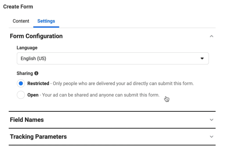 facebook lead ads create new lead form option to adjust form configuration settings of language which is set to english, and sharing which is set to restricted