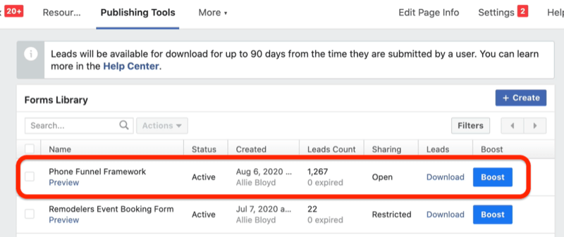facebook business manager publishing tools tab set to forms library with a few example forms, one named phone funnel framework highlighted as an example