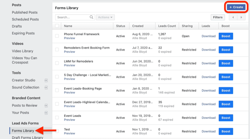 facebook business manager publishing tools menu with forms library highlighted under lead ads forms with the create button highlighted
