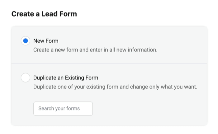 facebook lead ads create new lead form with the new form option selected