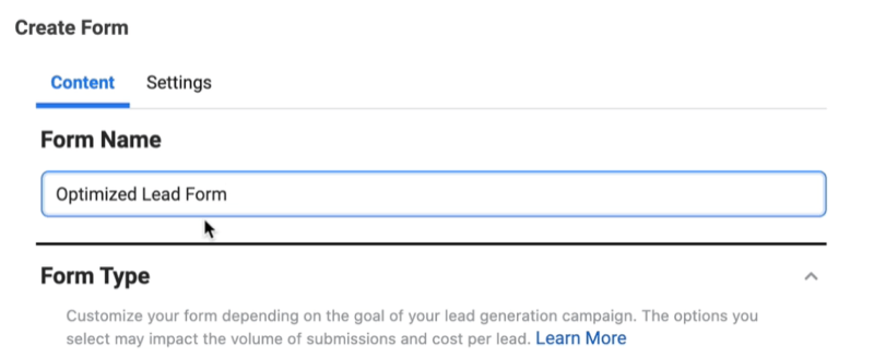 facebook lead ads create new lead form option to name your form and select form type