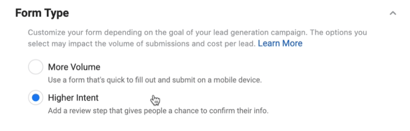 facebook lead ads create new lead form option to select form type with higher intent selected