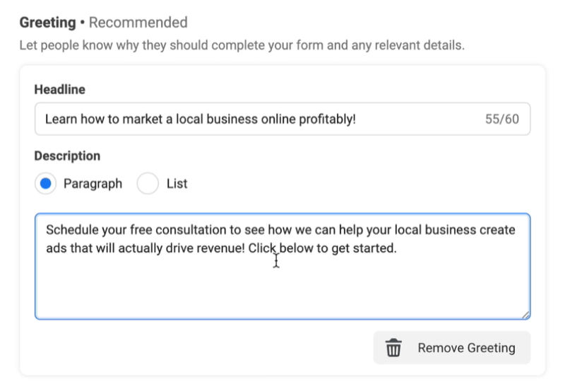 facebook lead ads create new lead form option to set a greeting with the headline set to 'learn how to market a local business online profitably!' and the description set to paragraph with a sample paragraph provided