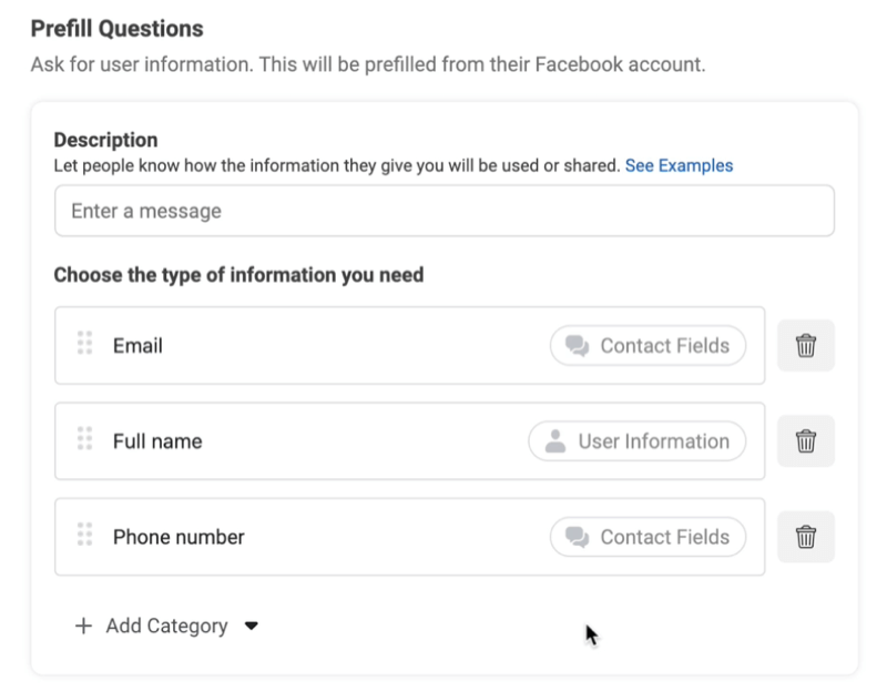 facebook lead ads create new lead form option to add prefill questions with examples used of email, full name, and phone number