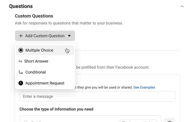 facebook lead ads create new lead form option to add custom questions menu with options for multiple choice, short answer, conditional, or appointment request