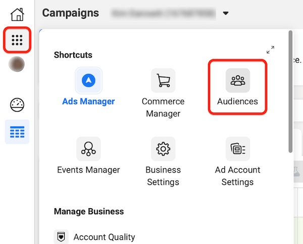 facebook ads manager left-hand navigation nine-dots shortcut menu with the audiences option highlighted