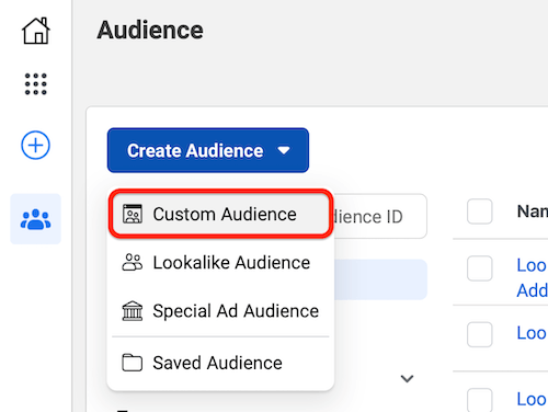 facebook ads manager create an audience with the custom audiences menu option highlighted